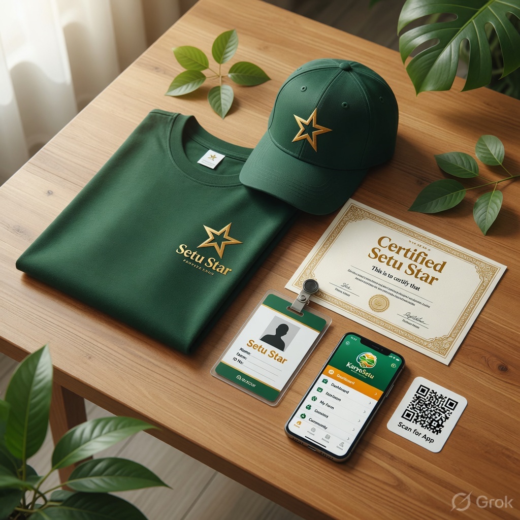 Starter kit flat lay — tee, cap, ID card, certificate, phone